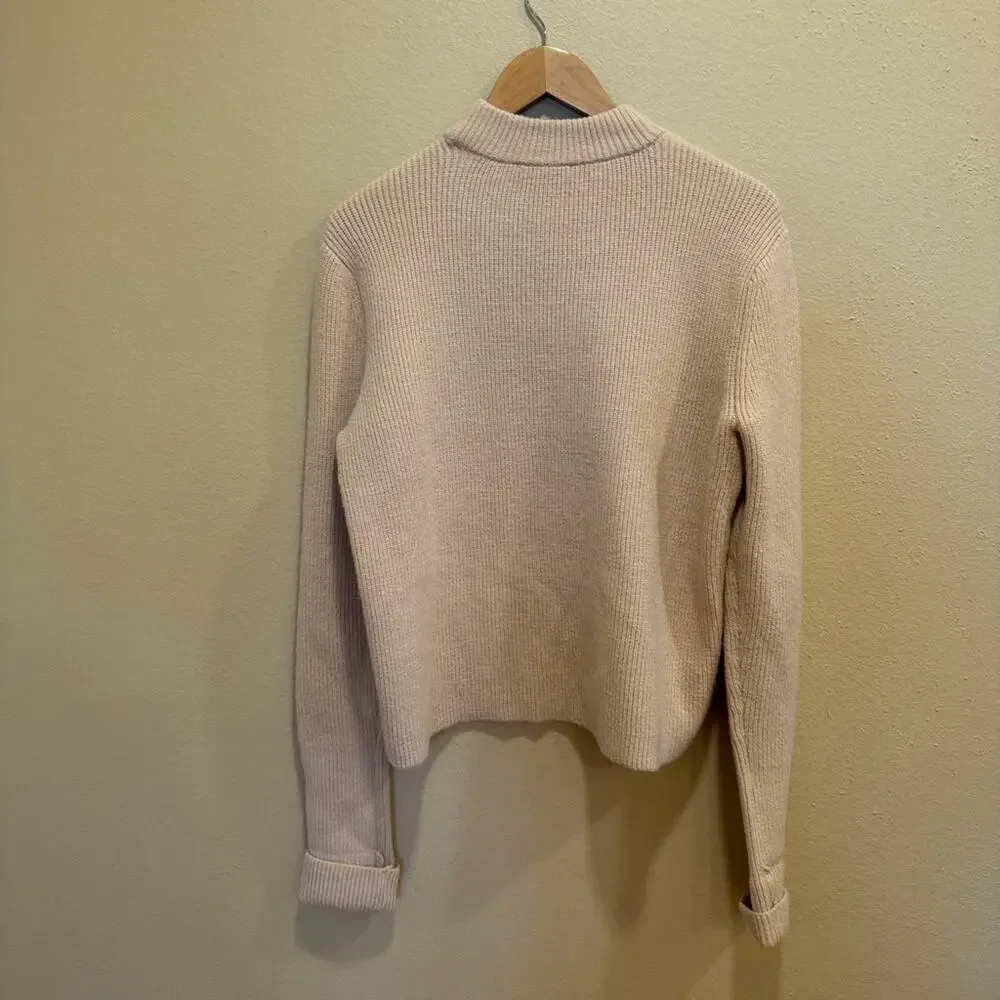 Ann Taylor Mixed Media Tan Faux Suede Sweater Medium Ribbed Crew Neck Cozy